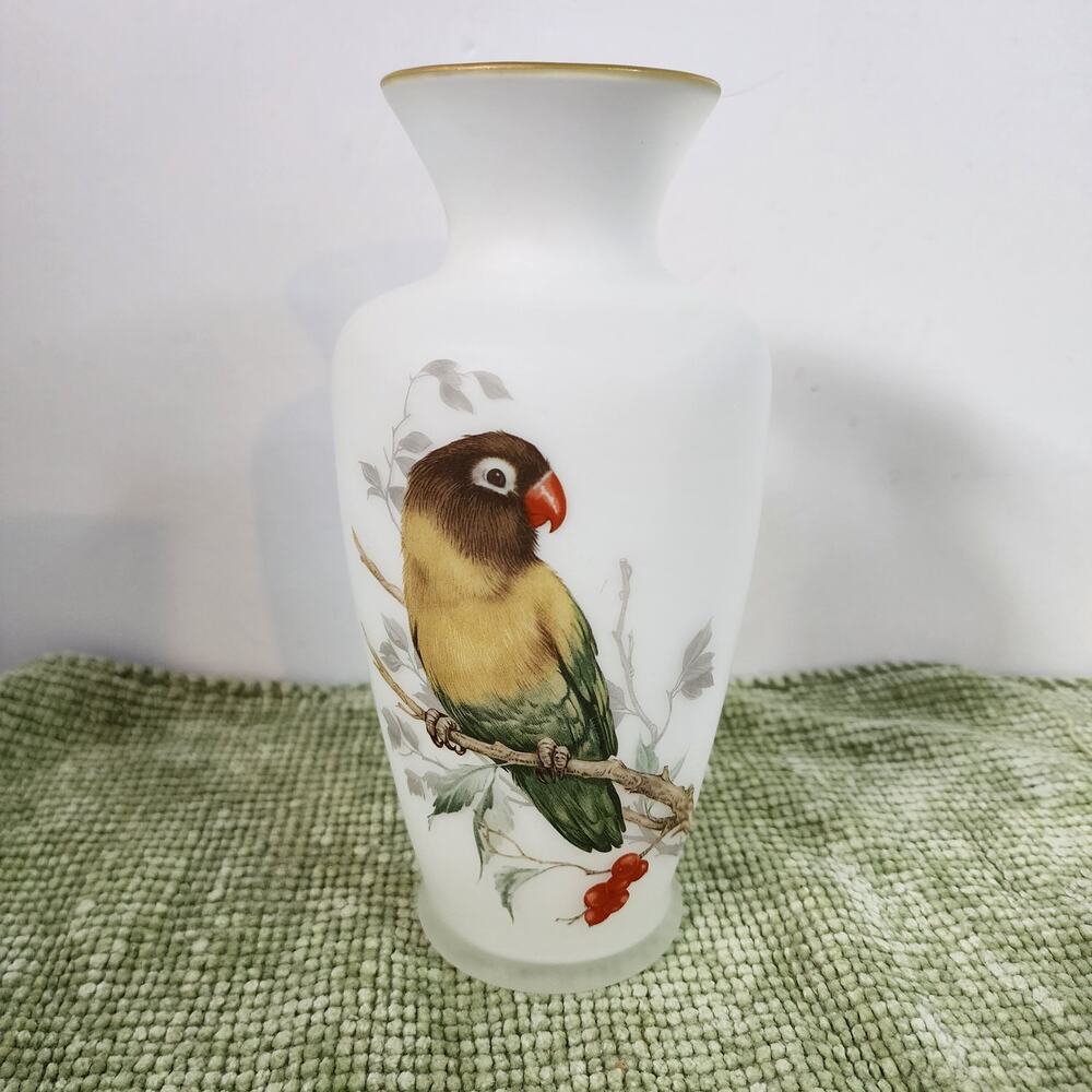 Vintage Satin Glass Vase with Parrot Bird Design Gold Rim 8.5"